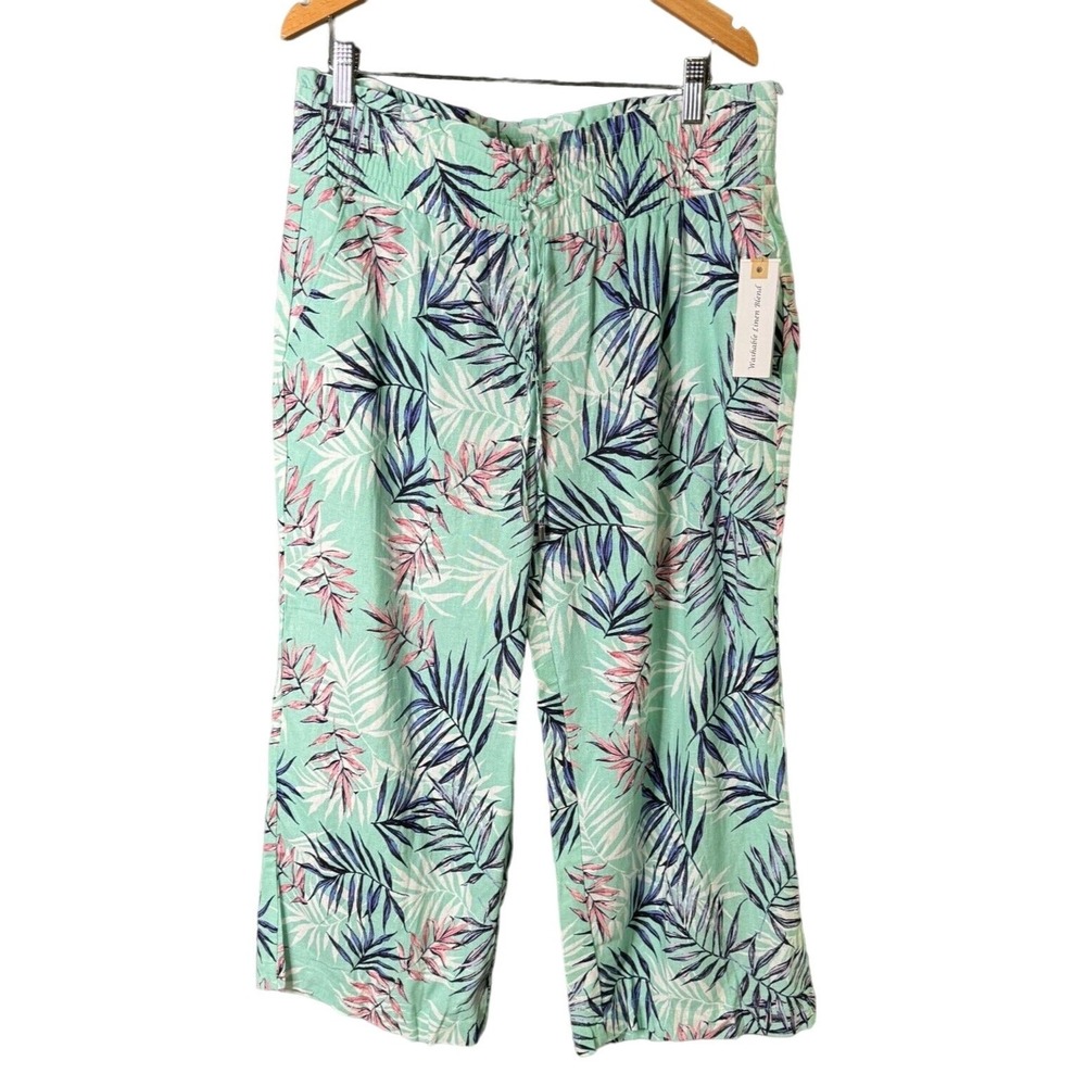 Land‎ n Sea Womens Pants Size Medium Tropical Palm Leaf Linen Blend Pull On Crop